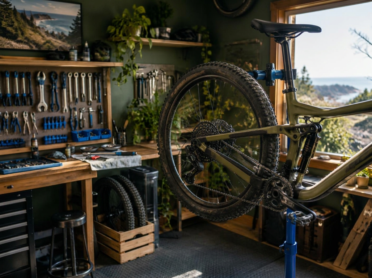 A bicycle being repaired in a tidy workshop