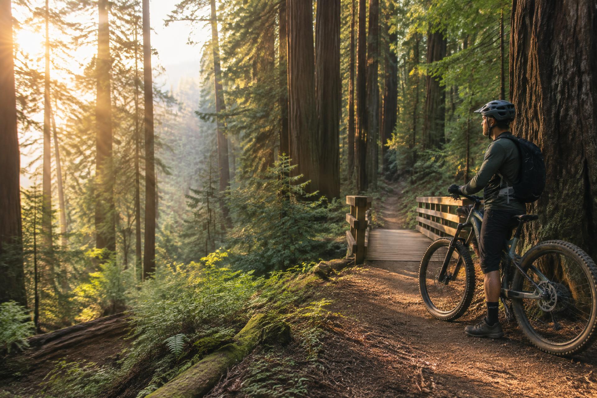 Mountain biker pausing on a Santa Cruz redwood trail